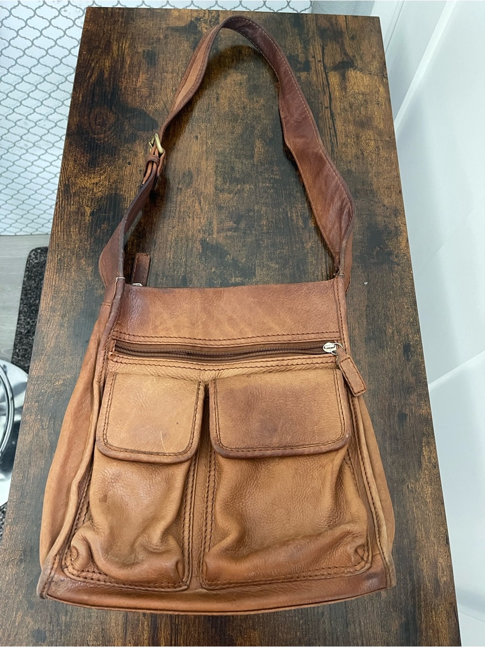 Fossil Tan Brown Leather Crossbody Bag with Front Pockets